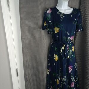 DKNY Navy Floral Print Midi Dress Women's‎ Size 6 Short Sleeve Belted